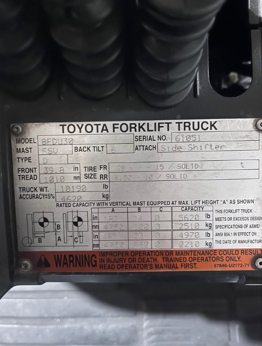 2015 Toyota 6k Diesel Forklift w/Side Shift & Solid Pneumatic Traction Tires!