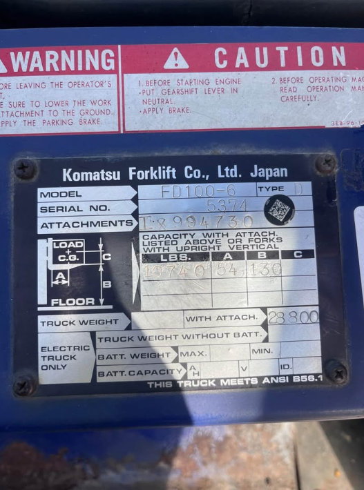 20k Komatsu Pneumatic FD100-6 Low Hour Forklift w/Side Shifting Fork Positioner & New Tires!