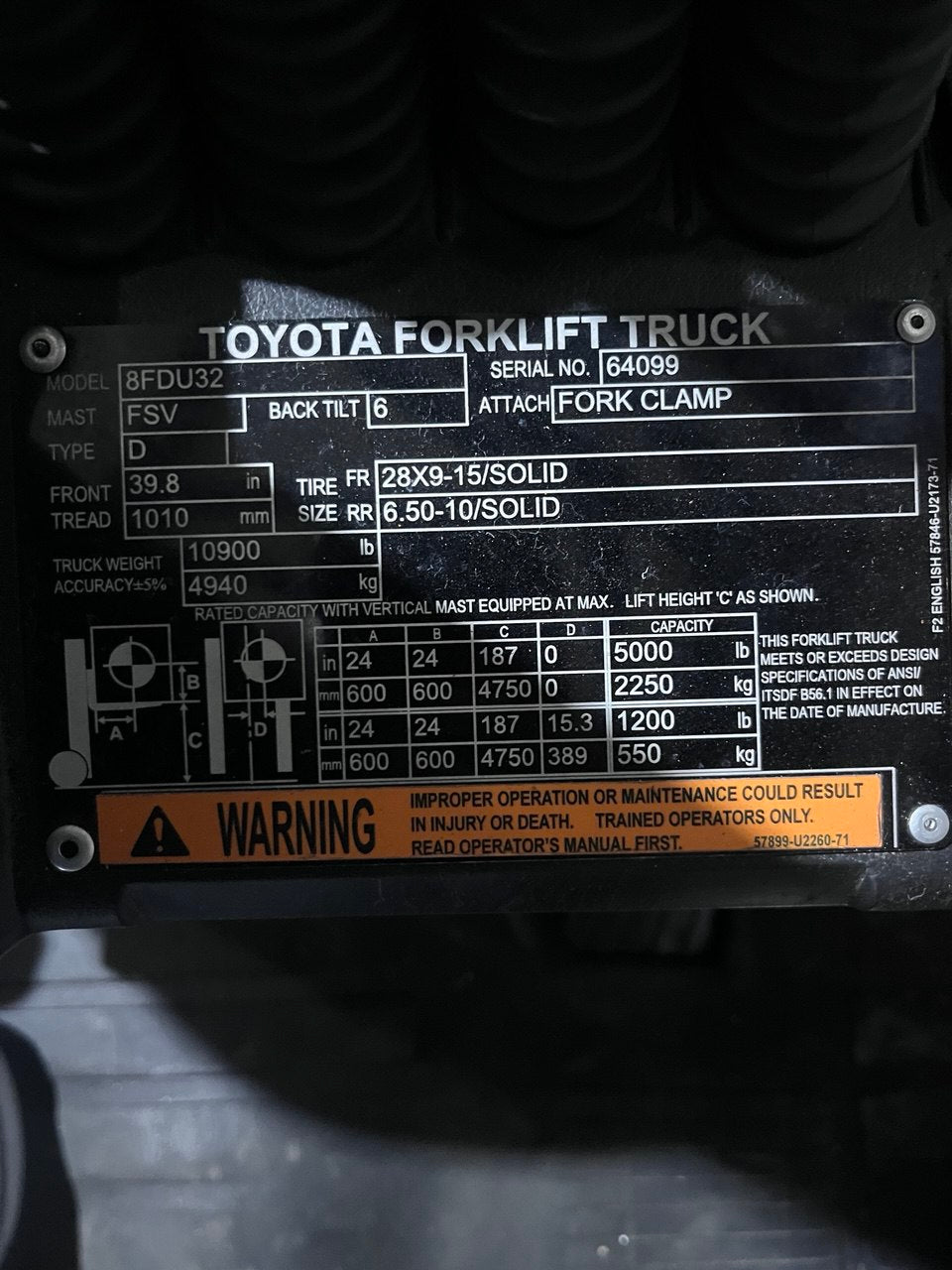 2019 Toyota Diesel Forklift 8FDU32 w/Side Shifting Fork Positioner & Solid Pneumatic Tires!