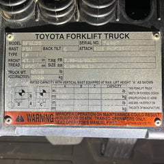 2016 Toyota Model: 8FGU25 5000 lbs w/ Triple Mast & Side Shift