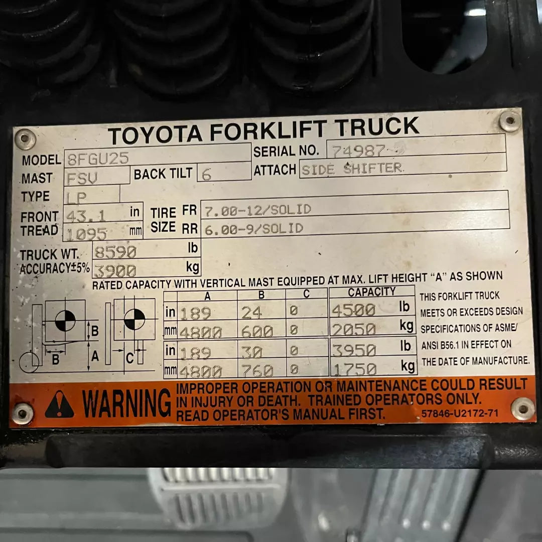 2016 Toyota 8FGU25 In/Outdoor Forklift w/Triple Mast & Side Shift